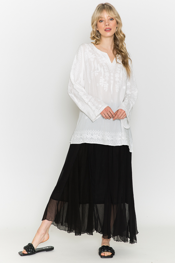 White Tunic With White Embroidery -Black Skirt